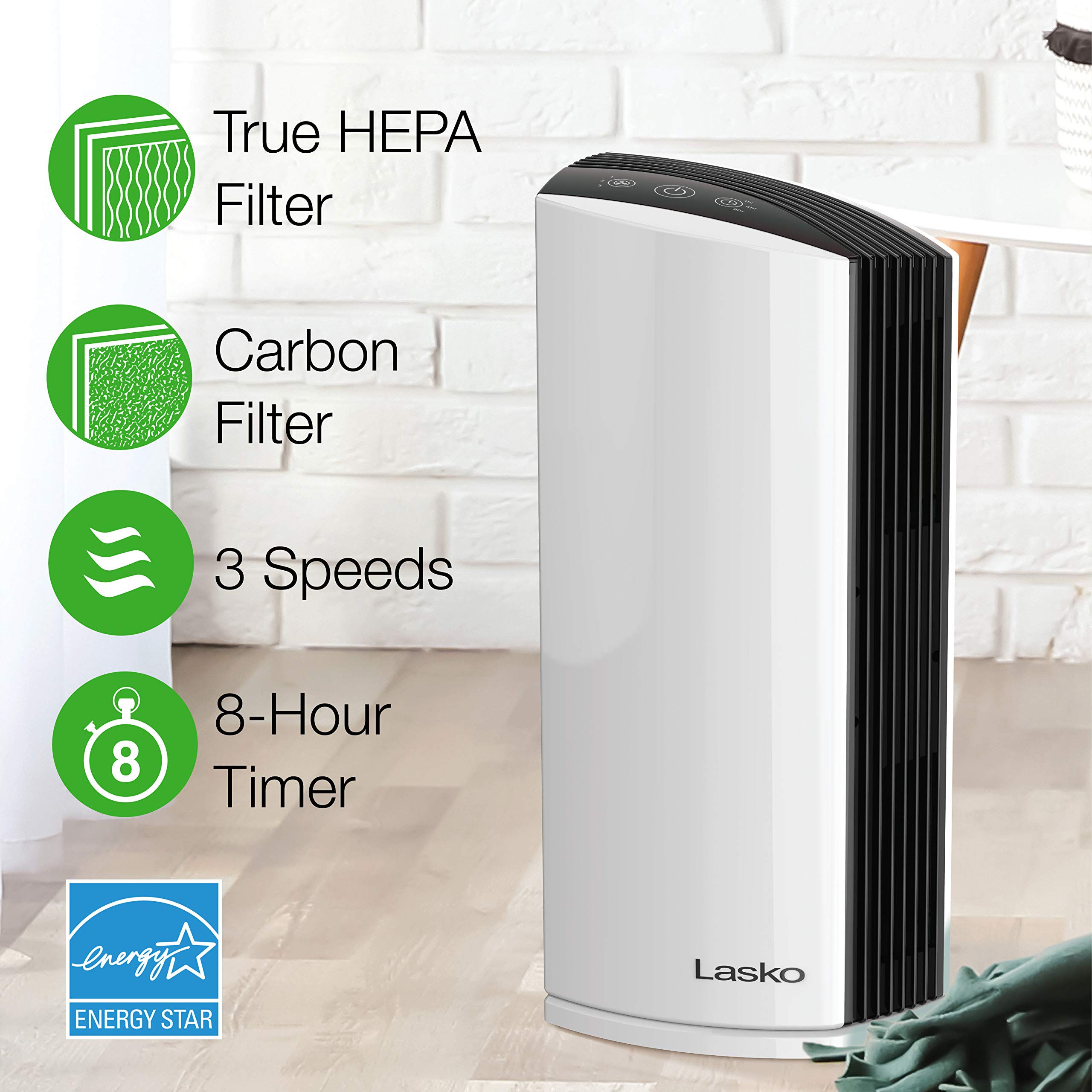 Lasko LP300 HEPA Tower Air Purifier with Timer for a Cleaner, Fresher Environment –2-Stage Filtration Removes Smoke, Odors, Pet Dander, Virus Sized Particles, Pollen, Dust, 21.6