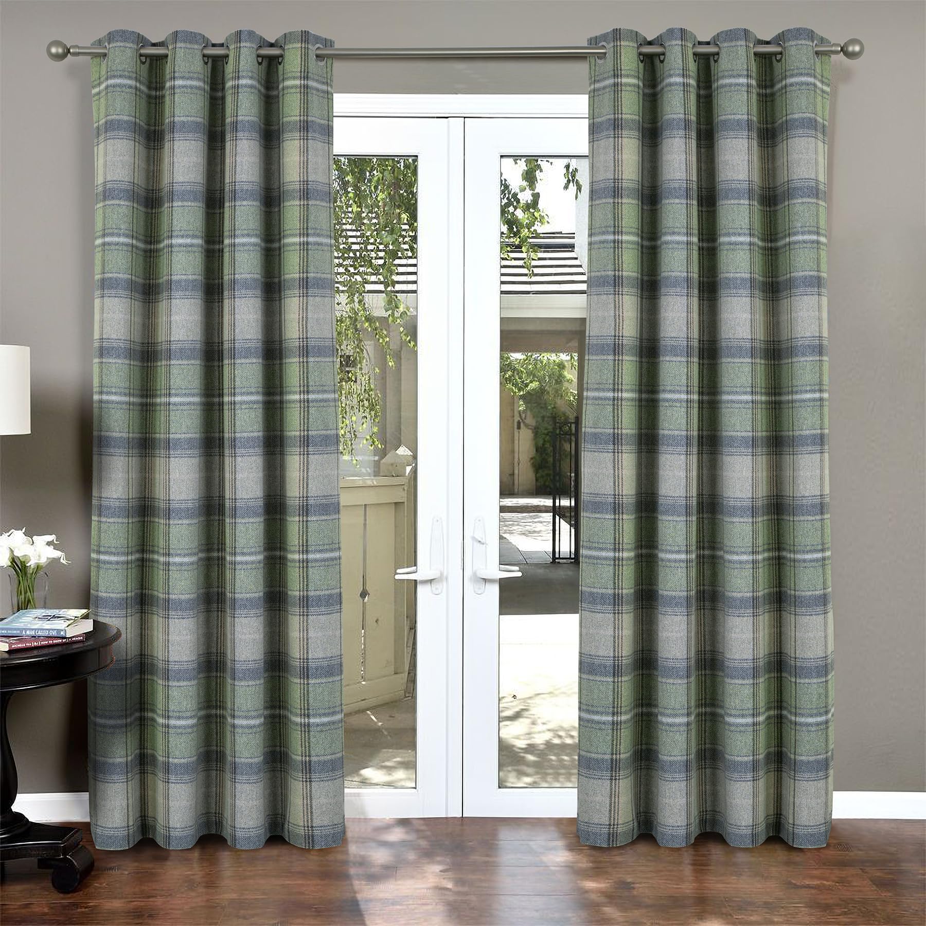 always4u 100% Blackout Curtains Check Eyelet Bedroom Tartan Curtain Plaid Brushed Cheque Pair of Highland Woolen Look Window Treatment for Living Room Green 66 * 54 Inches