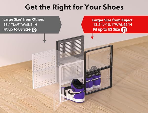 KUJECT X-LARGE SHOE STORAGE BOXES ORGANIZERS CLEAR PLASTIC STACKABLE 12 PACK, SHOE RACK & HOLDER SUBSTITUTE, SNEAKER CONTAINERS, TOY STORAGE ORGANIZER BINS FOR ENTRYWAY, CLOSET, UNDER BED, BLACK