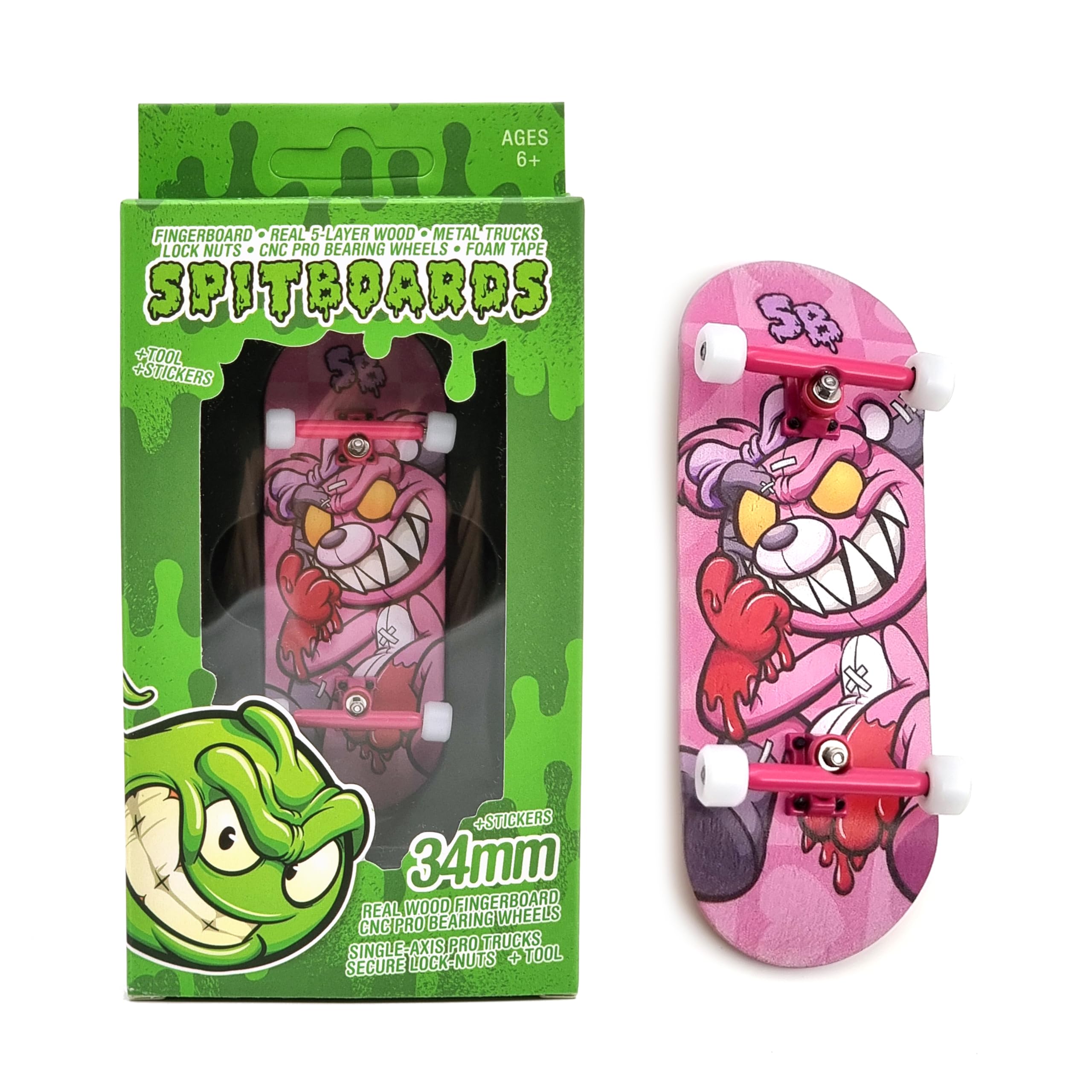 SPITBOARDS® pro Fingerboard Set-Up (Complete) | Real Wood Deck | Pro Trucks with Lock-Nuts and Bushings | Polyurethane Wheels with Bearings | Pink Teddy