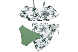 NAPU Girls Bikini Set Tropical Print Girls Swimsuit Cold Shoulder Bathing Suit for Girls Swimwear with Wrap Beach Skirt