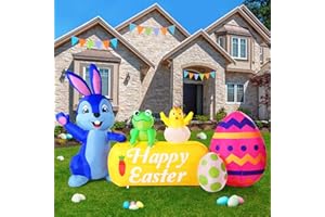 Raymall 8FT Long Easter Inflatables Outdoor Decorations, Happy Easter Bunny Inflatable with Eggs, Chick, Frog and Yard Sign with LED Lights, Happy Rabbit Blow Up Yard Decorations Outdoor