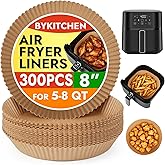 BYKITCHEN 300PCS Disposable Air Fryer Liners for Ninja AF141 5QT Pro AF181 6.5QT, Chefman 6 QT, Cosori 6QT &Other 5 to 8Qt Airfryer, 8 Inch Round Air Fryer Parchment Paper, Airfryer Basket Accessories