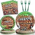 96Pcs Pixel Birthday Party Supplies, Mining Pixel Plates and Napkins, Video Game Birthday Plates, Mining Paper Plates for Boys Kid Teen Party Decoration, Serves 24