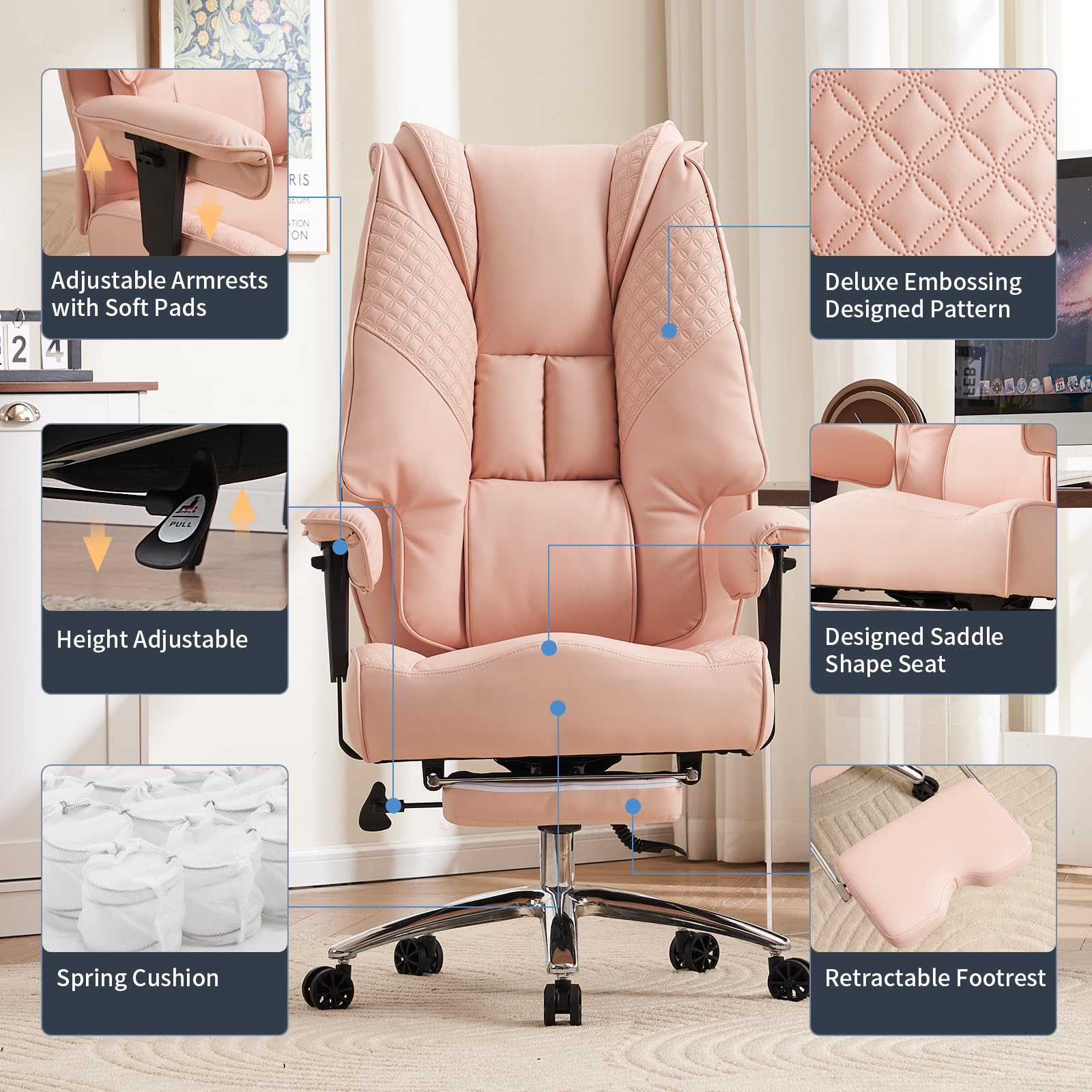 EXCEBET Big and Tall Office Chair 400lbs Wide Seat, Leather High Back Executive Office Chair with Foot Rest, Ergonomic Office Chair Lumbar Support for Lower Back Pain Relief (Light Pink) - Image 2
