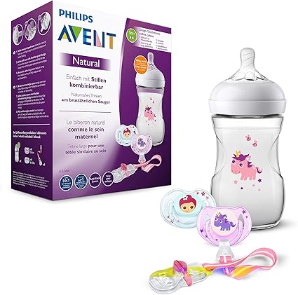 Philips Avent Scd287 25 Pack Cadeau Biberon Natural 260ml 2 Sucettes Attache Sucette Motif Licorne Amazon Fr Bebes Puericulture