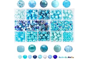 KEIP TAOUN Luminous Lake Blue Bracelet Necklace Kit - Glass Beads Making Set | 1000pcs Assorted Beads, 10 Different 8mm Glass Beads, 200pcs 6mm Bicone Crystals