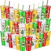 Suttmin 32 Pcs Christmas Plastic Tumbler with Lids and Straws 24 oz Reusable Christmas Party Cups Xmas Plastic Drinking Cups for Xmas Party Supplies