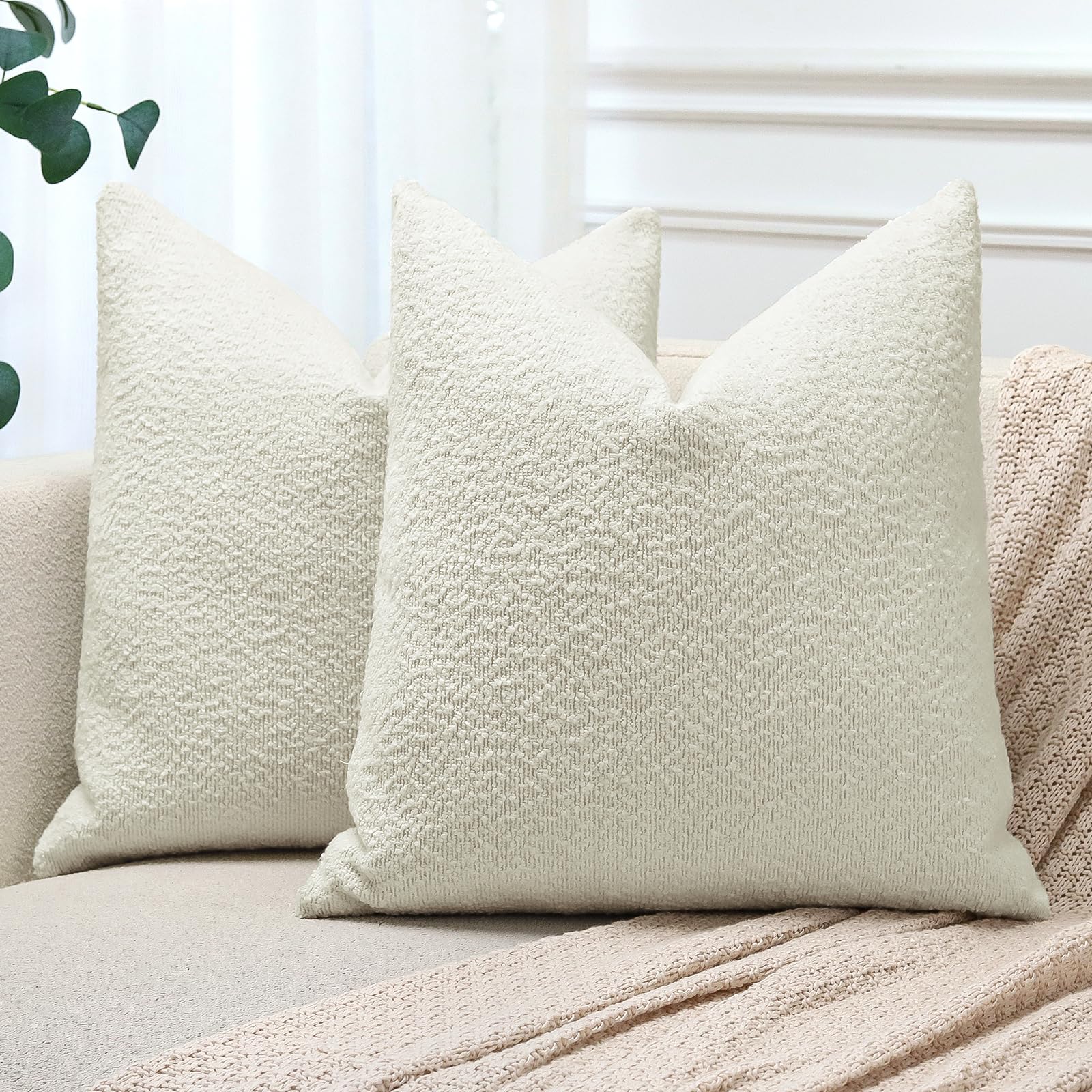 JOTOM Set of 2 Cushion Covers 50x50 cm Textured Boucle Cream Beige Decorative Throw Pillow Covers 20x20 Inch Square Cushion Case Home Decor Pillowcases for Couch Sofa Living Room Bed (Cream Beige)