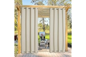 NICETOWN Outdoor Curtain for Patio Waterproof & Windproof, Thermal Insulated Top and Bottom Fixed Rustproof Grommets Light Block Outdoor Curtain Drape for Pool, Beige, 1 Panel, W52 by L95