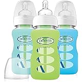 Dr. Brown's Options 3 Piece Wide Neck Glass Bottle in Silicone Sleeve, Green/Mint/Blue, 9 Ounce