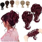 FeidyLong 2PCS Messy Bun Hair Piece Tousled Updo with Tendrils Wavy Curly Hair Bun Scrunchies Ponytail Extension Elastic Band Hairpieces For Women (Wine Red)