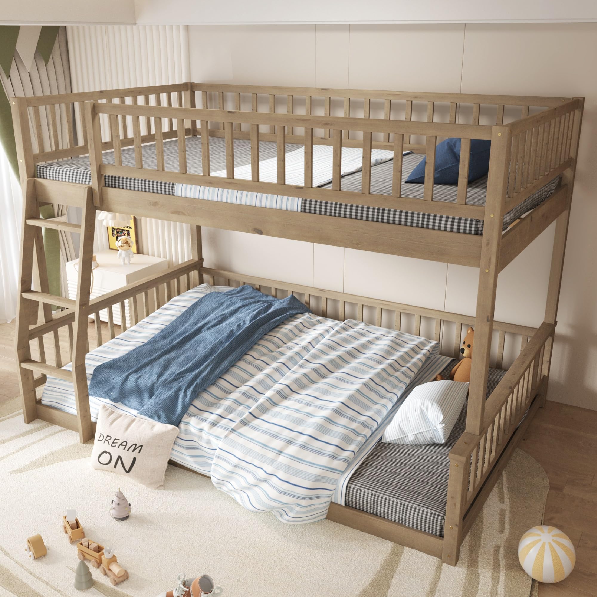 Photo 1 of **MISSING BOX 2 OF 2** Merax Full XL Over Queen Floor Bunk Bed, Kids Bedroom Brown Wooden Bunk Bed Frame, Convertible to 2 Separated Beds with Trundle, Ladder & Guardrail for Teens, Wood Slat Support, Easy Assembly, Brown
