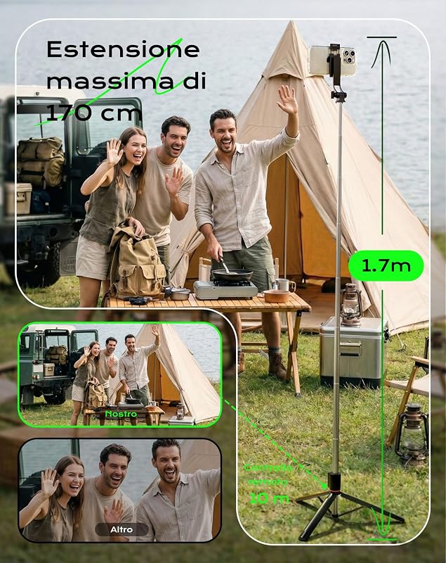 Treppiede Smartphone e Bastone Selfie, 170cm Cavalletto per Smartphone Portatile con Telecomando Wireless, Compatibile con iPhone/Android