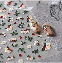 5D Embossed Flower Nail Stickers Green Leaf Nail