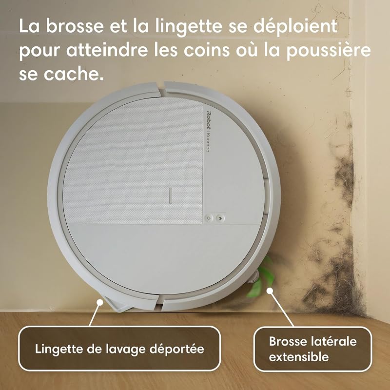 Roomba 115 Combo+Base AutoEmpty - Robot Aspirateur Laveur 2en1 - Puissance d'Aspiration 15KPa - Brosse latérale étendue - Lingette de Lavage déportée - Navigation LiDAR - Blanc