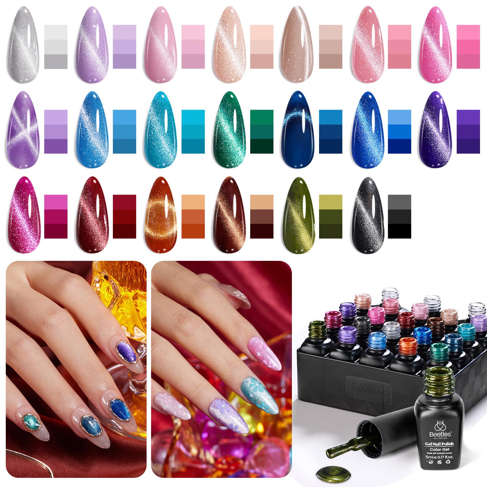 Beetles 20 Colors Cat Eye Gel Nail Polish Set with Base Gel and Matte Glossy Top Coat, Nude Pink Green Blue Nail Polish Lush Velvet with Magnet Soak Off LED Manicure Salon DIY Art Gifts for Women - Image 7