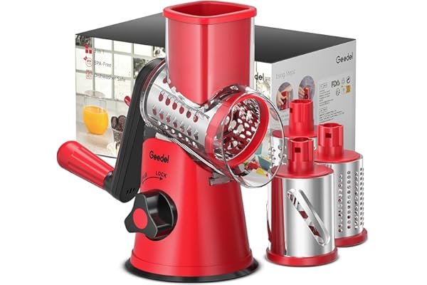 Geedel Rotary Cheese Grater, Kitchen Mandoline Vegetable Slicer with 3 Interchangeable Blades, Easy to Clean Grater for Fruit, Vegetables, Nuts