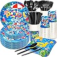 175Pcs Pool Party Supplies Beach Ball Party Set 9"Pool Party Plates 7"Pool Dessert Plate Napkins Cup Knive Fork Spoon for Pool Beach Party,luau Ball Water Tube Picnic Pool Birthday Party Decor Serve25