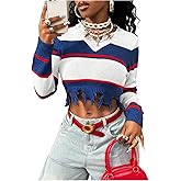 Floerns Women's Gothic Long Sleeve Ripped Crop Tops Striped Sweater Fall Outfit Y2k Pullover Tops
