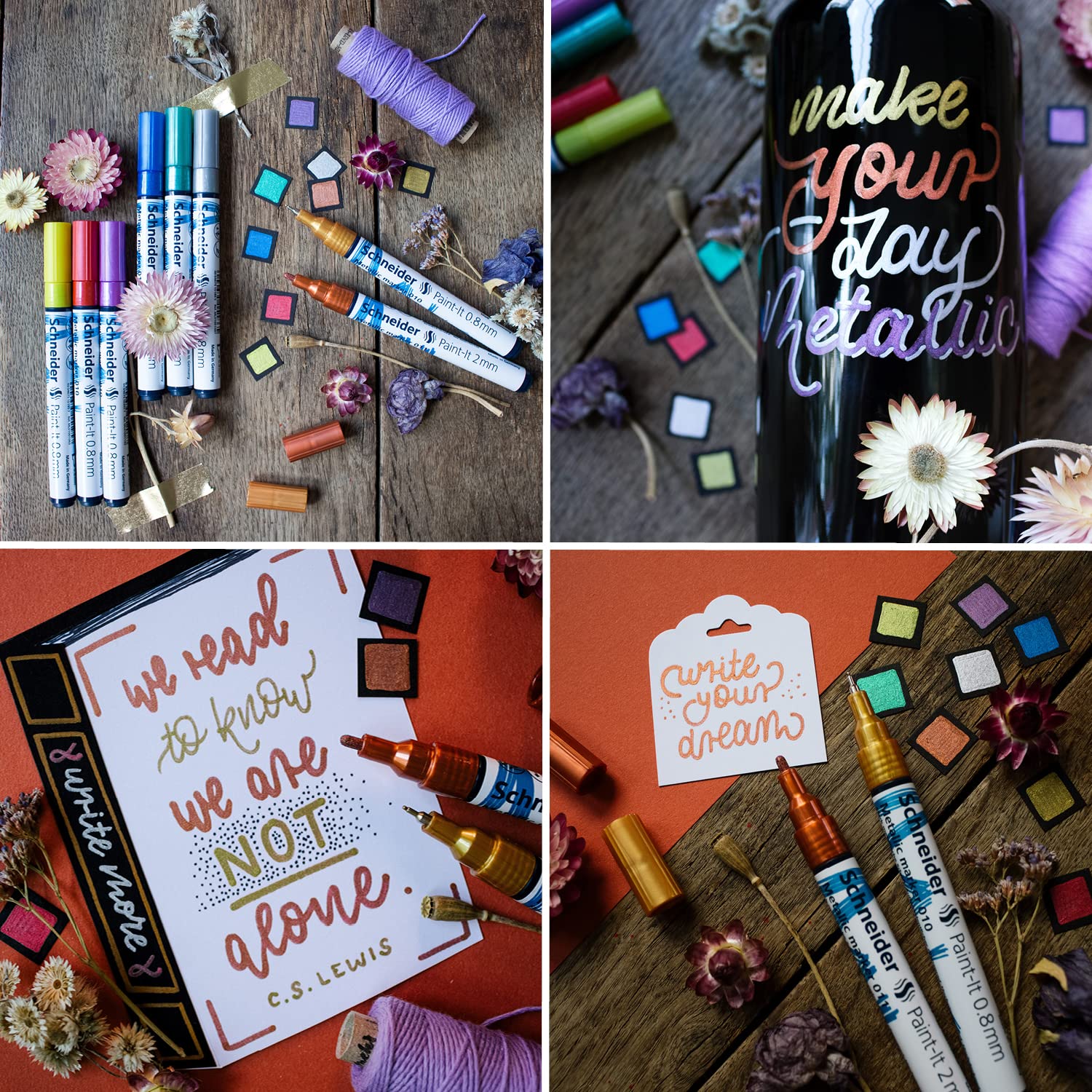 Schneider Paint-It Metallicmarker 4er Set (Set 1, Strichstärke 2 mm, neue Pigmenttechnologie, starker Glitzereffekt) blau, grün, rot, gelb 3