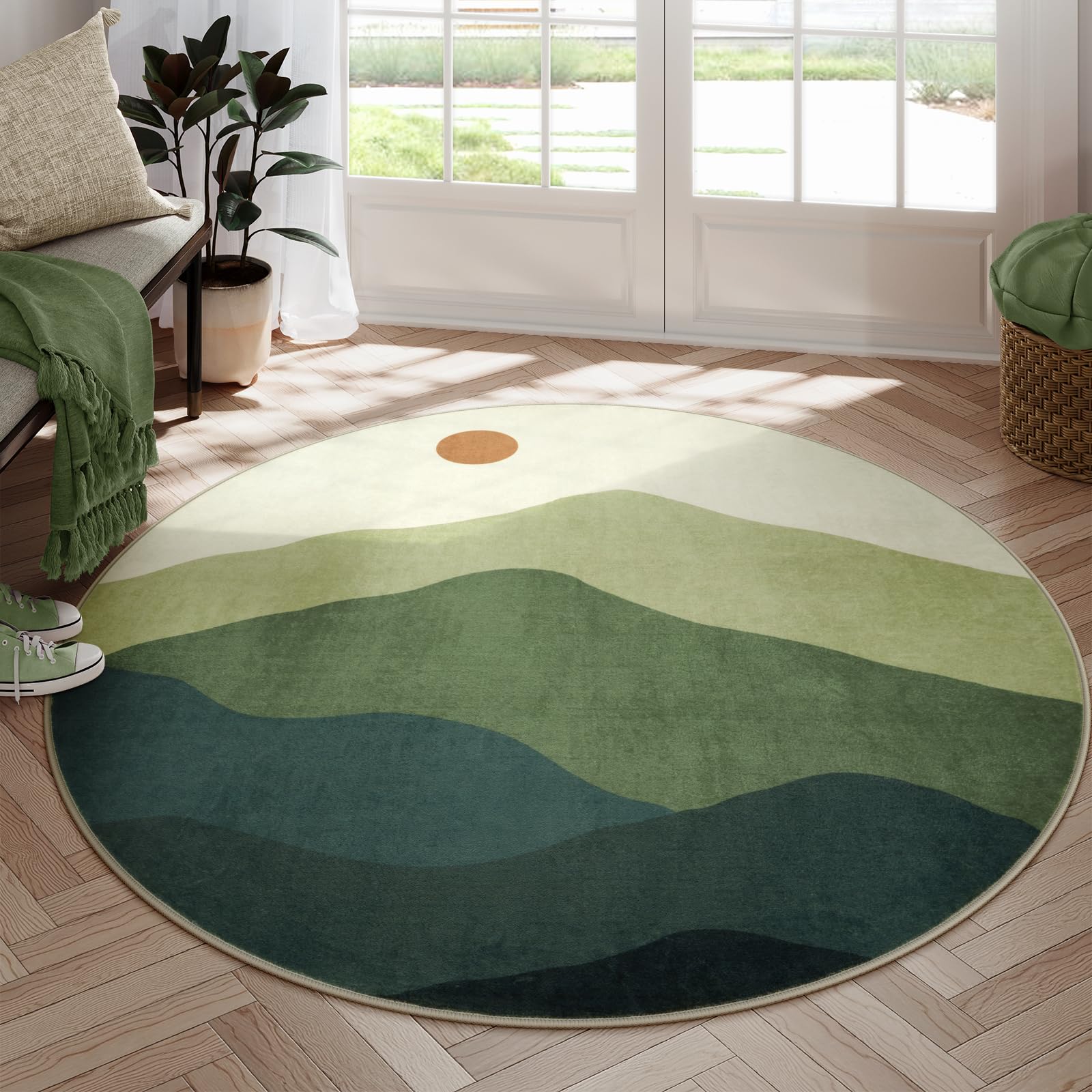 Photo 1 of Sungea 6ft Round Rugs for Living Room,Soft Washable Non-Slip Large Circle Rug,Chic Mountain Low-Pile Circular Bedroom Rug Indoor Round Carpets for Kidsroom/Nursery/Office(Green)