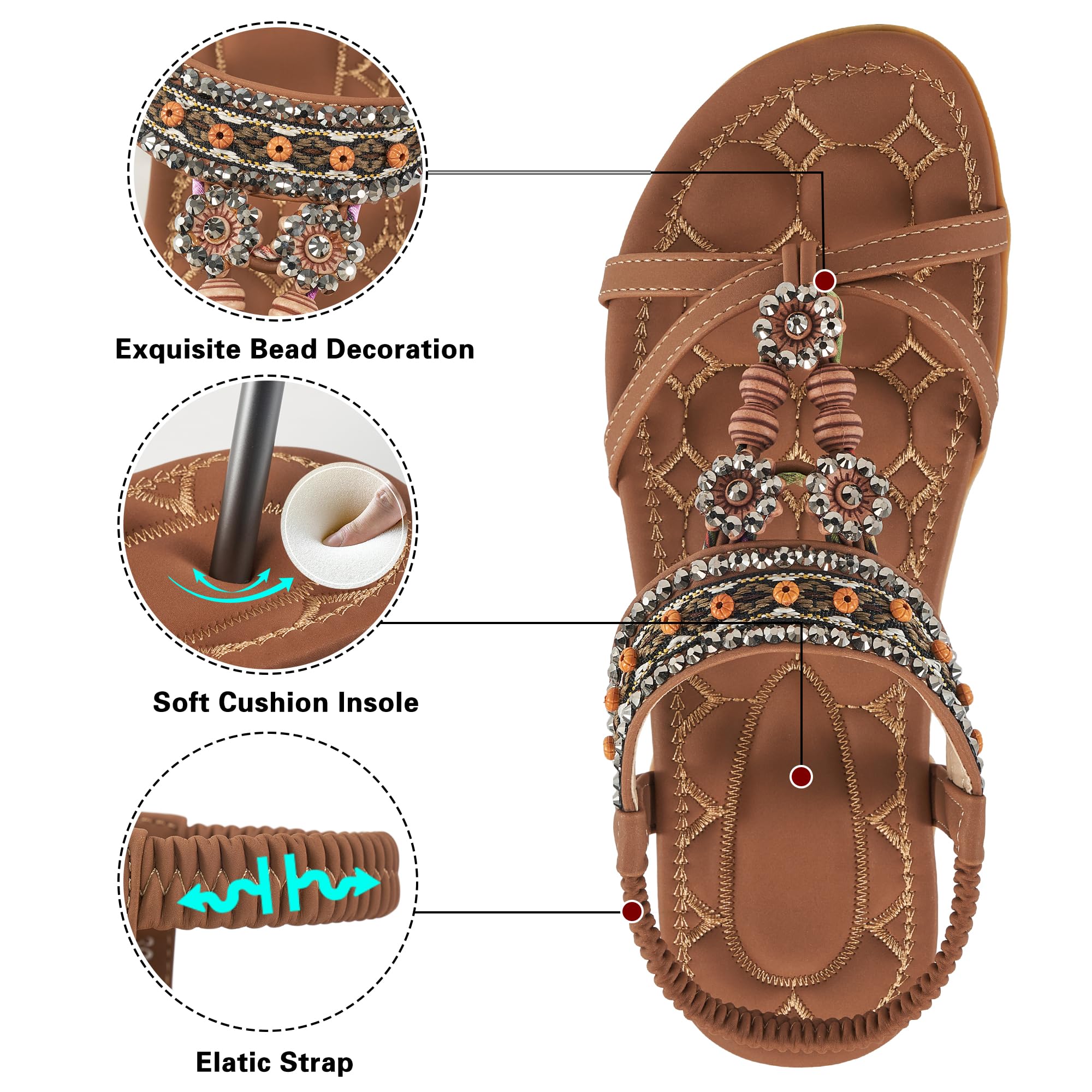 Alicegana Womens Sandals Dressy Summer: Comfortable Bohemian Flats Elastic Ankle Strap Walking Beach Shoes
