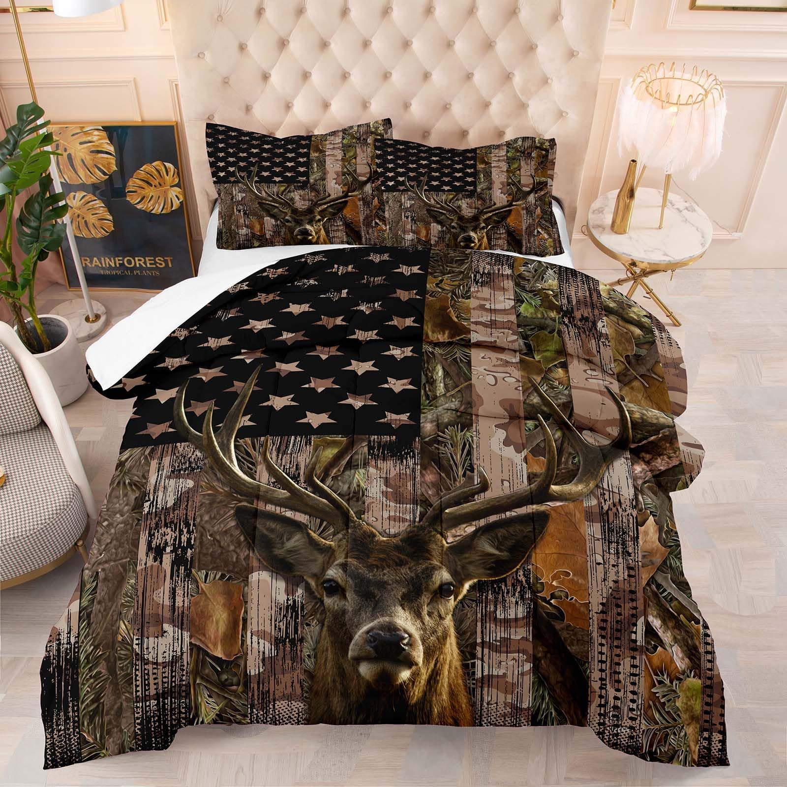 Tailor Shop Deer Comforter Sets King Size,American Flag Camo Bedding Sets for Boys Kids Teens Hunting Comforter Sets Woodland Moose Wildlife Forest Bed Set, with 1 Comforter 2 Pillowcase…… Image
