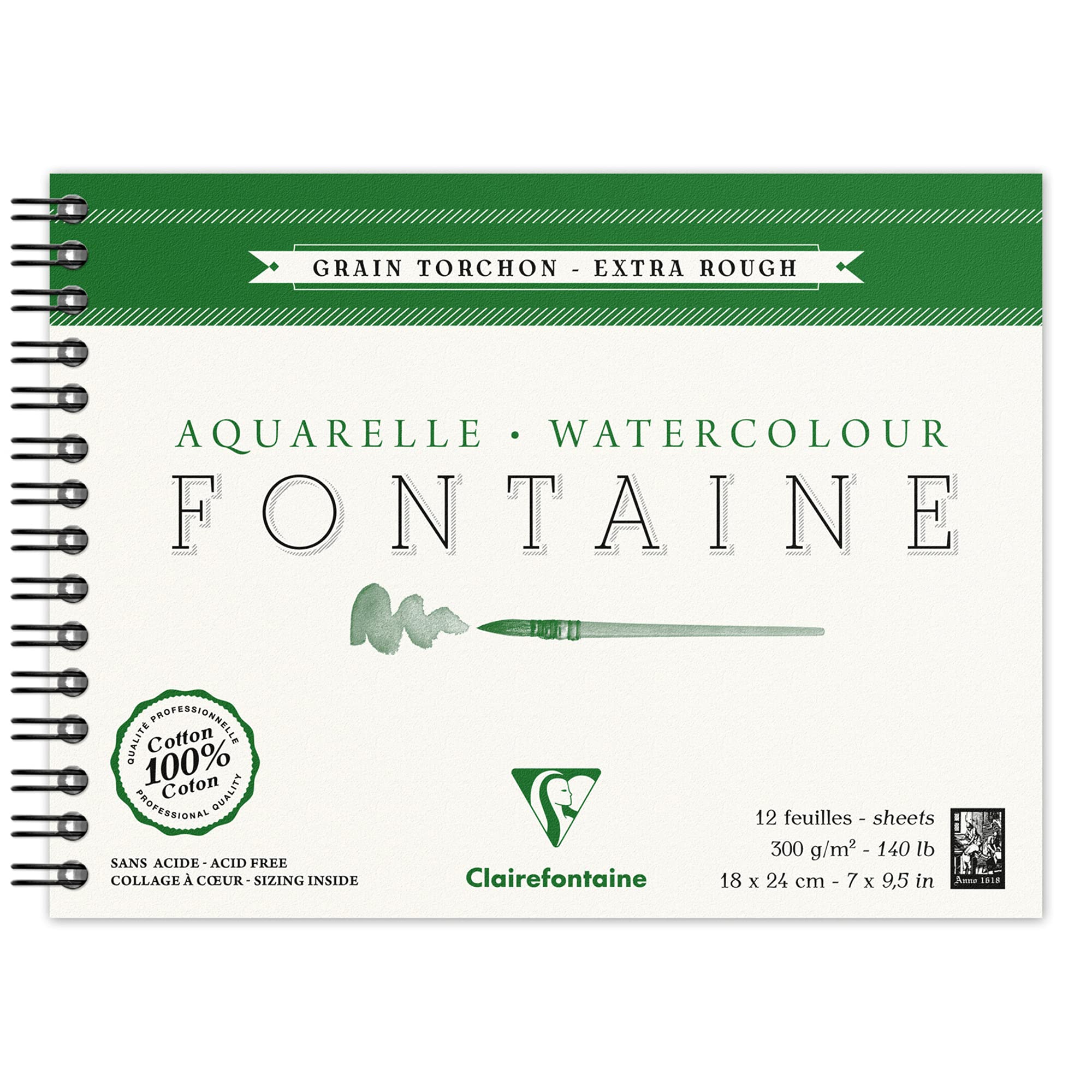 Clairefontaine - Ref 96320C - Fontaine Extra Rough Watercolour Wirebound Pad (12 Sheets) - 18 x 24cm Size, 300gsm Paper - Suitable for Watercolour Artwork