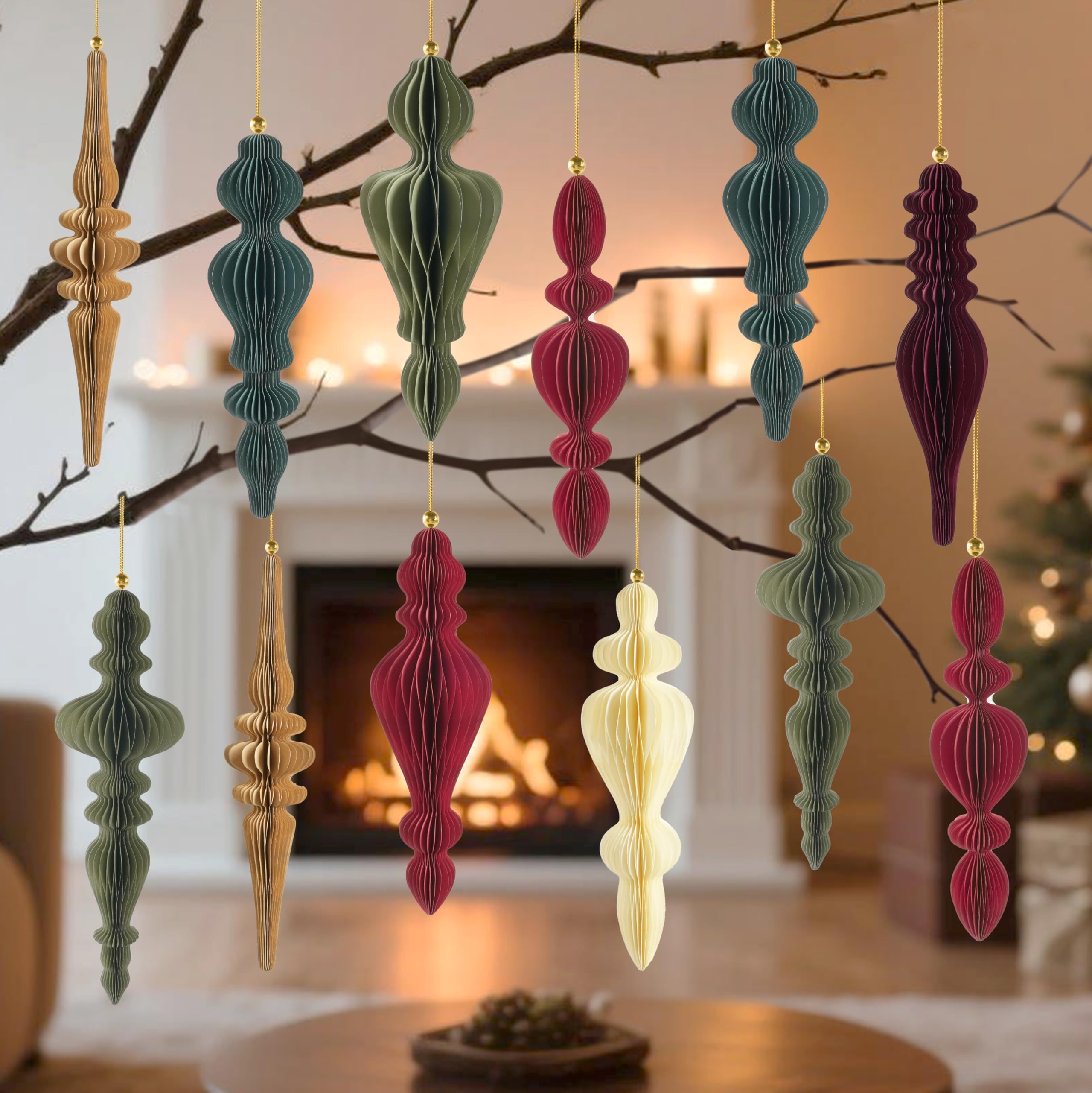 View 1 of 12Pcs Finial Christmas Ornaments for Tree, 3D Paper Honeycomb Hanging Decorations Neutral Boho Christmas Honeycomb Ornaments Lanterns for Xmas Tree Winter Wedding New Year Holiday Party Home Decor