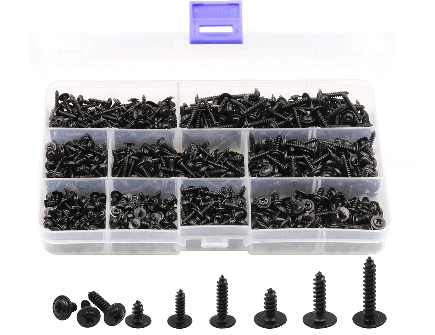 LBY 900pcs M2.3 M2.6 M3 Phillips Truss Head Self Tapping Screws, Wafer Head Screws, Pan Head with Washer Screw 9 Sizes Self Tapping Screws Assortment Kit, Carbon Steel Blacking