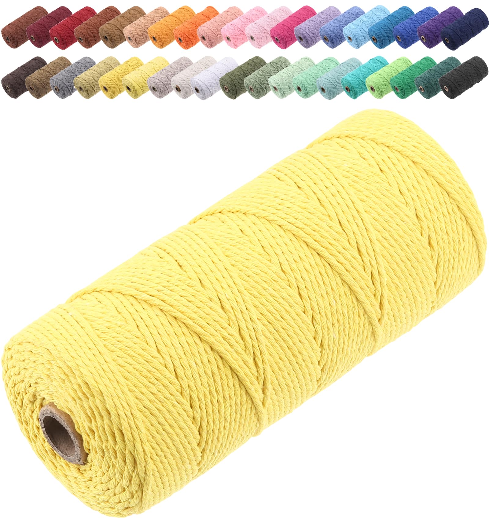 GOHOF Macrame Cord 2mm x 205m Premium Cotton Macrame Rope, 3 Strand Twisted Soft Cotton Cord, One of The Most Perfect Materials for Macrame Art, Cotton String Without Chemicals (Yellow)