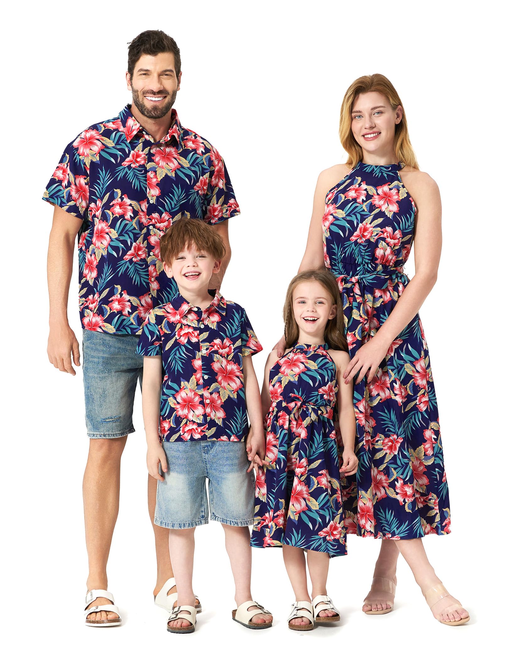 Photo 1 of PATPAT Hawaiian Family Matching Outfits Matching Hawaiian Outfits for Couples Tropical Palm Leaf Print Boho Beach Vacation Pink Floral Mommy and Me Dresses Tropical Halter Sundresses for Women L
