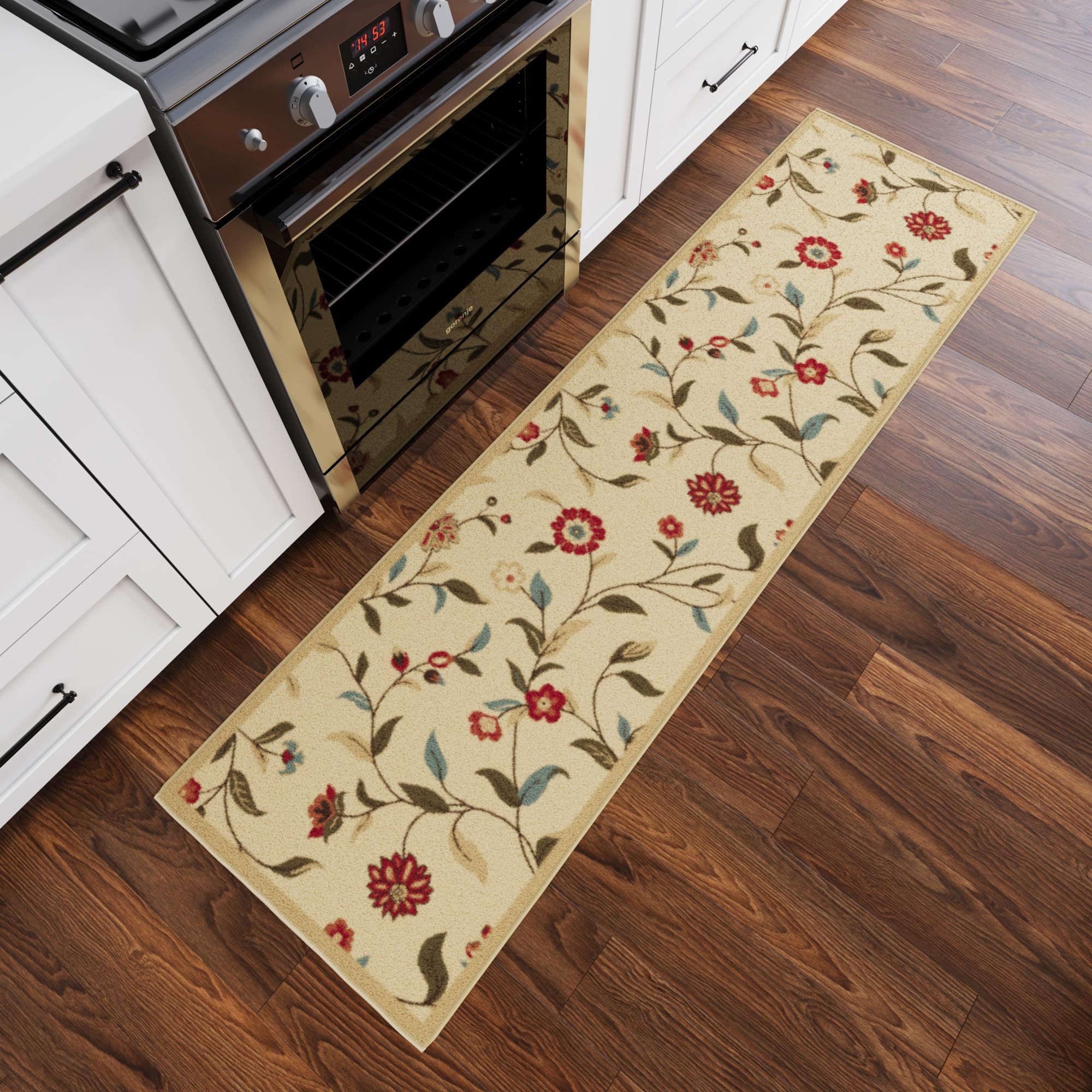 Ottomanson Ottohome Collection Contemporary Leaves Design Rubberback Runner Rug , 57 cm x 210 cm, Beige