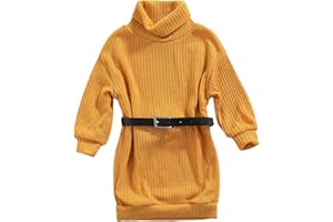 GOOCHEER Toddler Baby Girl Outfits Turtleneck Knit Sweater Dress Kids Solid Ribbed Long Sleeve Dresses +Belt Fall Clothes