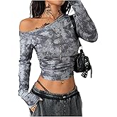 SweatyRocks Women's Off The Shoulder Crop Top Long Sleeve Y2K Ruched Shirt Sexy Going Out Tops