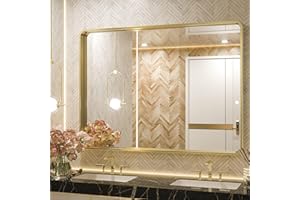TETOTE 40 x 30 Inch Gold Bathroom Mirror, Brushed Brass Metal Frame Mirror for Vanity, Rectangle Wall Mounted Golden Modern Mirror (Horizontal/Vertical)