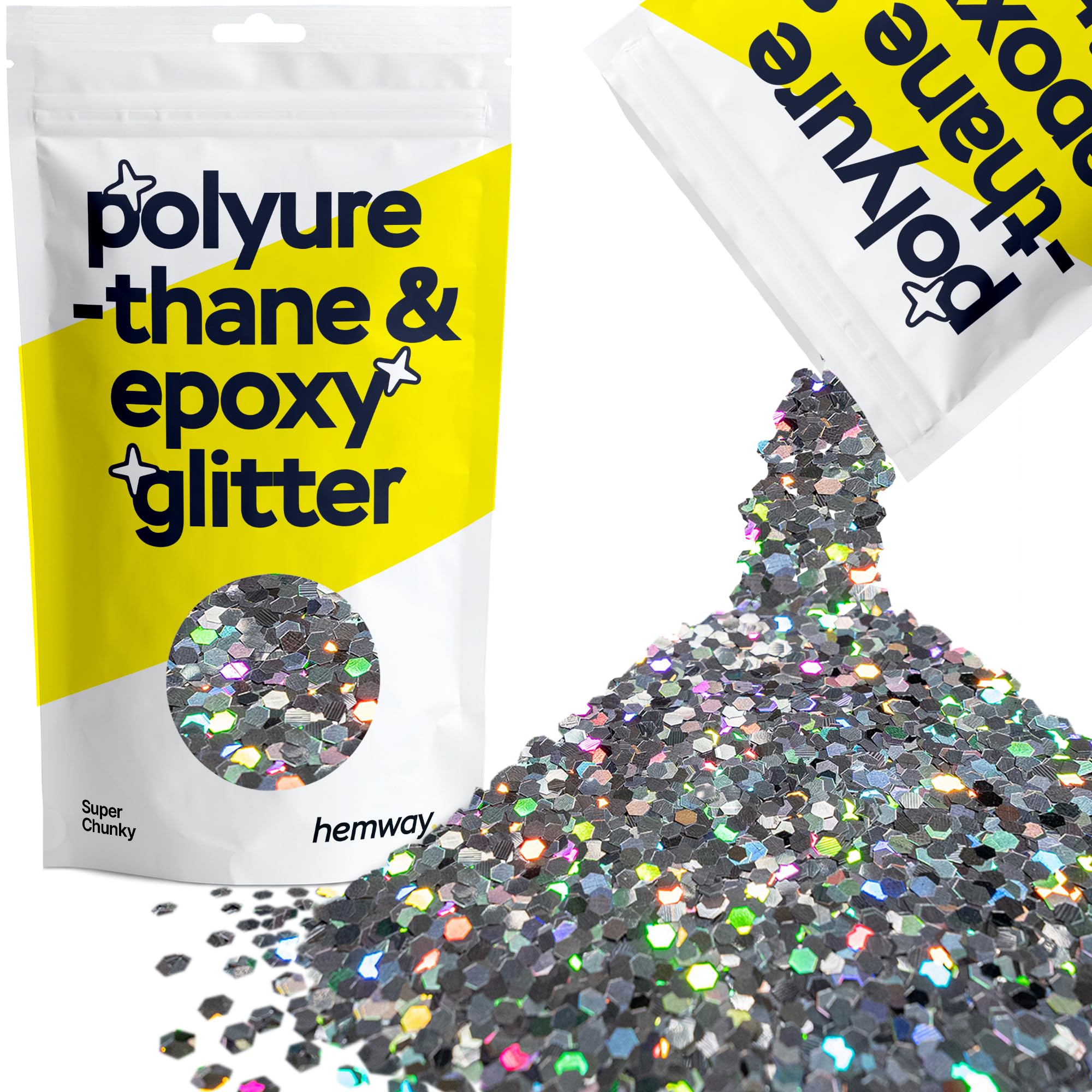 Hemway Resin Glitter Gun Metal Grey Holographic 100g Super Chunky | Polyurethane & Epoxy Glitter for Resin Crafts, Tumblers, Coasters & Table Art