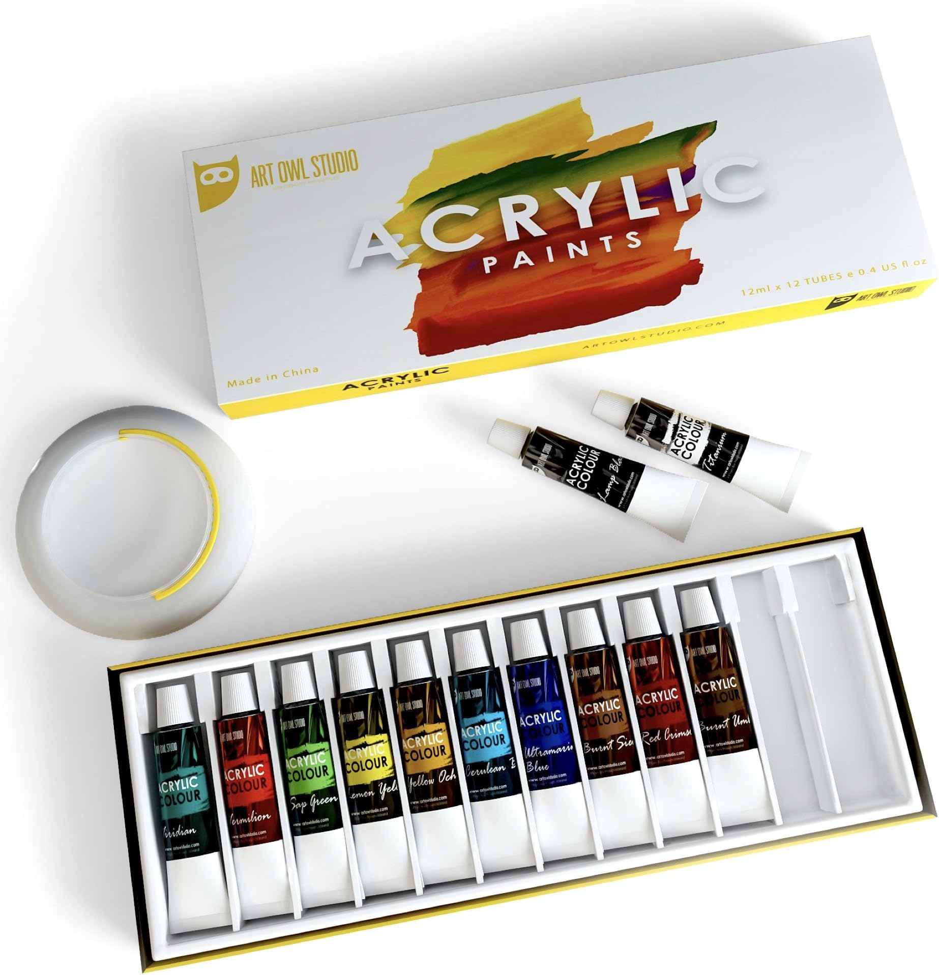 Art Owl Studio Acrylic Paint Set, Nontoxic & Odor-Free 12x12ml Quality Painting Supplies for Artists with Free Brush Washer