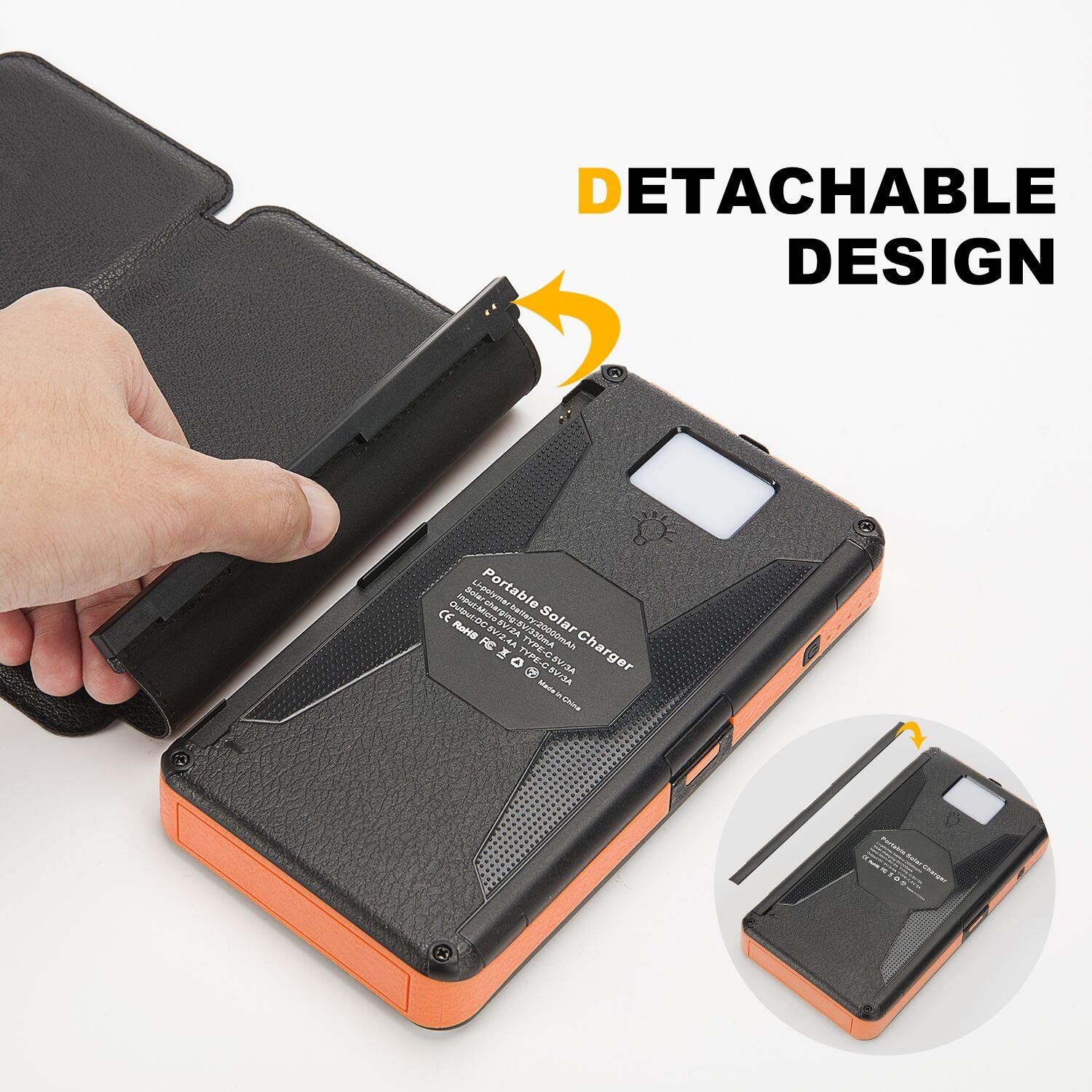 20000mAh Solar Charger with Dual 5V/2.4A Outputs and Quick Charge Type C 5V/3A Output/Input,Solar Power Bank with 4 Waterproof Foldable & Removable External Battery Pack,Works for Smartphone and More