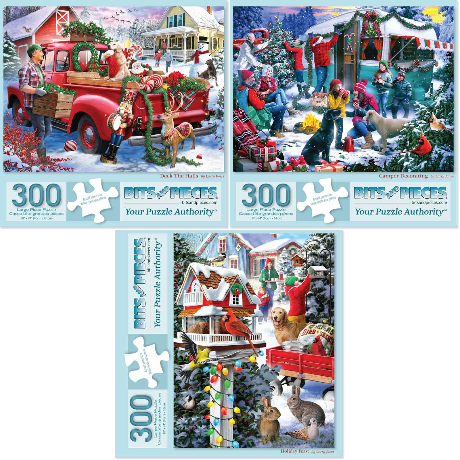 View 1 of **ONLY ONE PUZZLE-THE FIRST ONE DECK THE HALLS***Bits and Pieces - Value Set of Three (3) 300 Piece Jigsaw Puzzles for Adults - Puzzles Measure 18' x 24' - 300 pc Camp Holiday Tree Christmas Winter Bird House Snow Jigsaws by Artist Larry Jones
