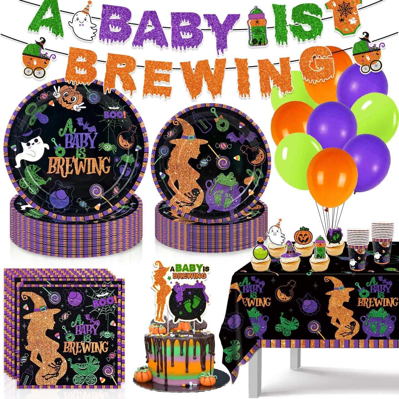 Halloween Baby Shower Banner – „A Baby Is Brewing“ Mit Geister-Motiven, Schwarz-Orange