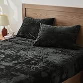 BEDELITE Velvet Fitted Sheet and Pillowcases Set, Luxury Soft Fuzzy Bottom Sheet with Reinforced Elastic Corner Straps, Deep Pocket up to 15 Inch, 1 Fitted Sheet and 2 Pillowcases (Queen, Black)