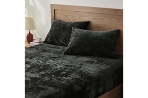 BEDELITE Velvet Fitted Sheet and Pillowcases Set, Luxury Soft Fuzzy Bottom Sheet with Reinforced Elastic Corner Straps, Deep Pocket up to 15 Inch, 1 Fitted Sheet and 2 Pillowcases (Queen, Black)