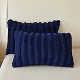 MEGO Pack of 2 Fluffy Faux Rabbit Fur Pillowcases, Soft Striped Plush Fuzzy Bed Pillow Cases with Zipper, Farmhouse Shaggy Furry Ribbed Long Pillow Covers Kids Teens Adults 20x26, Standard, Navy Blue