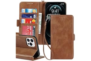 iCoverCase Compatible with iPhone 12/12 Pro Wallet Case with Wrist Strap, [RFID Blocking] PU Leather Kickstand Case with Cred