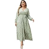 KOJOOIN Women Plus Size V Neck Wrap Maxi Dress High Waist Long Lantern Sleeves Ruffle Hem Casual Dress with Belts Green Yellow White Flower 2XL