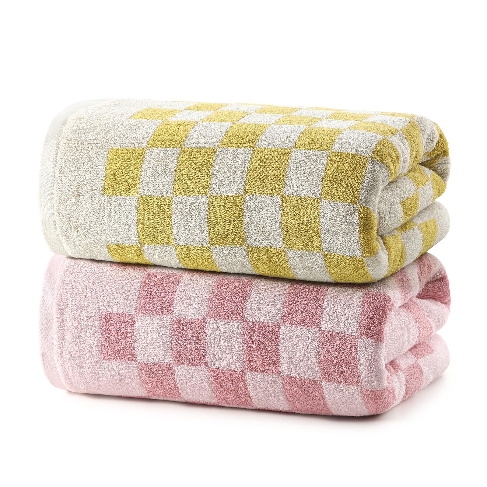 Photo 1 of REDKISS Yellow and Pink Checkered Bath Towels Set - 2 Piece Large Shower Towels for Bathroom Decoration, Highly Absorbent Cotton Bath Towel of 2, Cute Checkered Shower Retro Towel for Bathroom