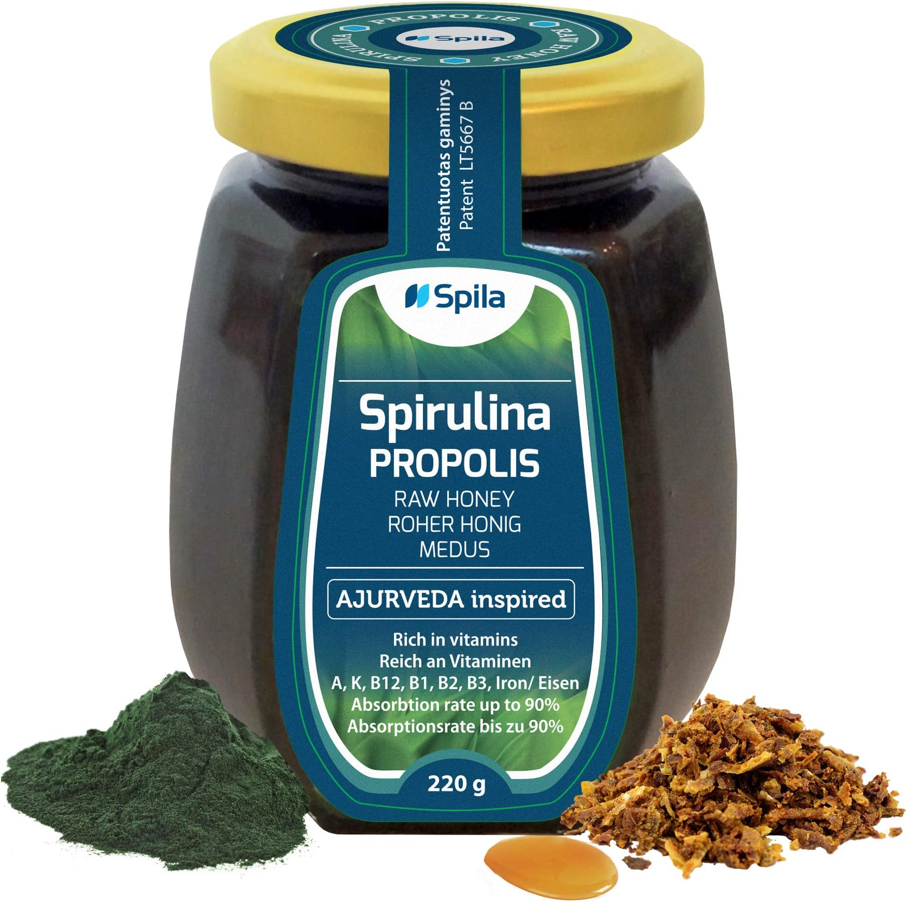 Raw Honey with spirulina & Propolis - Organic Honey - as Healthy as Manuka Honey from New Zealand - Real Pure Blossom Honey