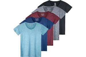 Real Essentials 5 Pack: Women's Dry Fit Tech Stretch Short-Sleeve Crew Neck Athletic T-Shirt (Available in Plus Size)